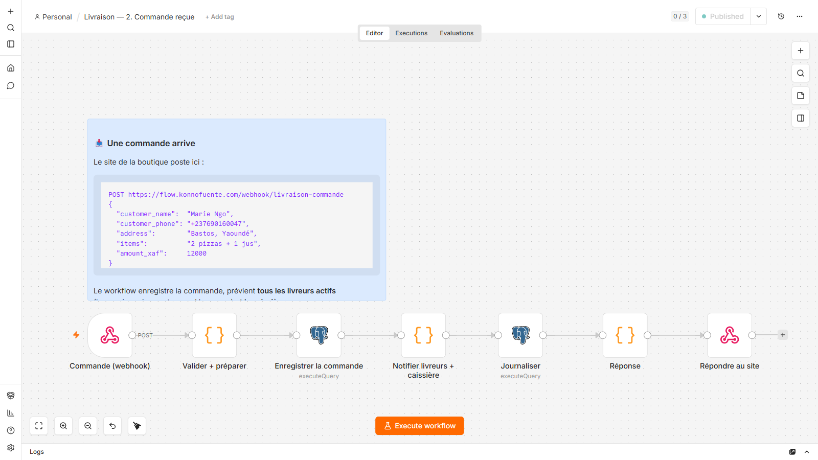 Le workflow « Commande reçue » dans n8n : sept nœuds en ligne, du webhook de commande à la réponse au site.